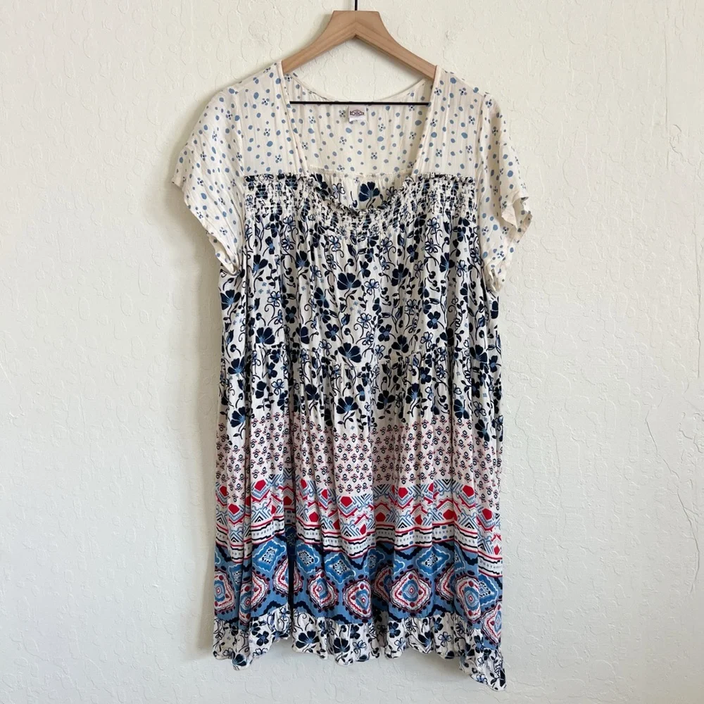 Bila Patchwork Floral Boho Print Short Sleeve Babydoll Mini Dress Large Blue - Picture 1 of 6